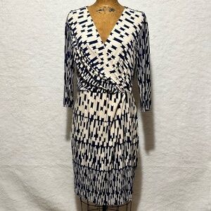 Lux II faux wrap blue and off-white dress - size 14